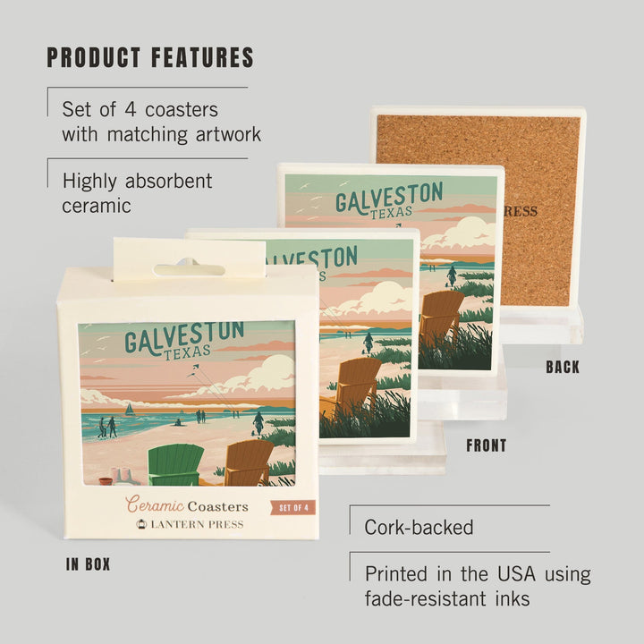 Galveston, Texas, Painterly, Bottle This Moment, Beach Chairs, Coasters Coasters Lantern Press 