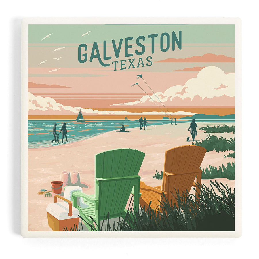 Galveston, Texas, Painterly, Bottle This Moment, Beach Chairs, Coasters Coasters Lantern Press 
