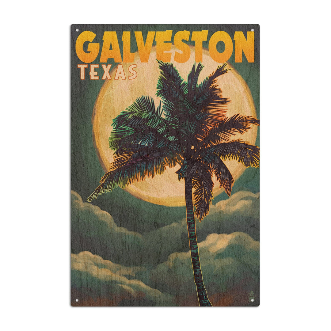 Galveston, Texas, Palm and Moon, Lantern Press Artwork, Wood Signs and Postcards Wood Lantern Press 10 x 15 Wood Sign 