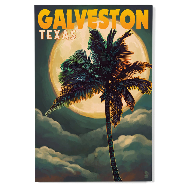Galveston, Texas, Palm and Moon, Lantern Press Artwork, Wood Signs and Postcards Wood Lantern Press 