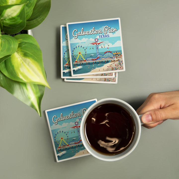 Galveston, Texas, Retro Pier, Lantern Press Artwork, Coaster Set - Lantern Press