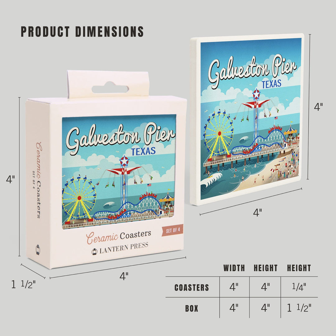 Galveston, Texas, Retro Pier, Lantern Press Artwork, Coaster Set - Lantern Press