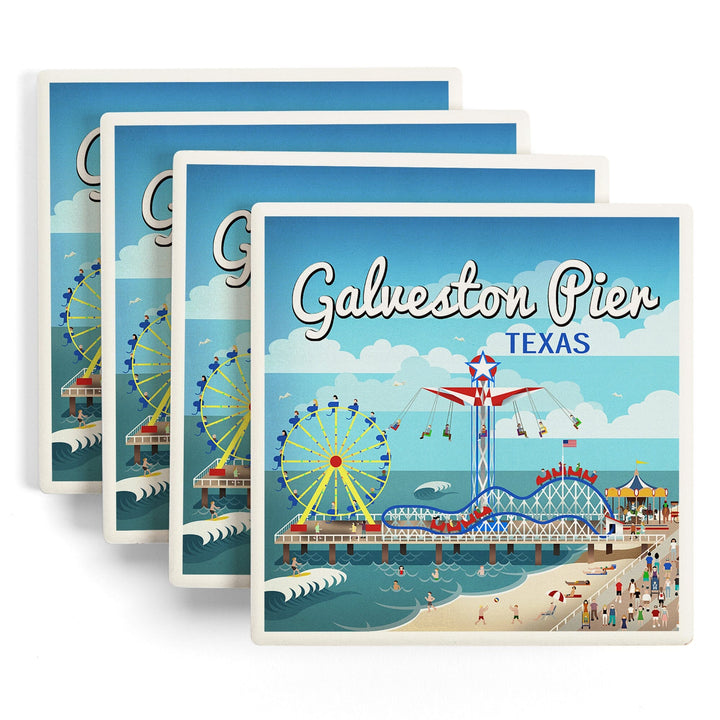 Galveston, Texas, Retro Pier, Lantern Press Artwork, Coaster Set - Lantern Press