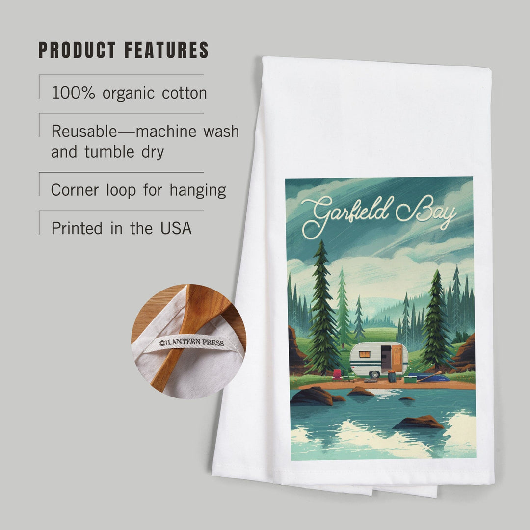 Garfield Bay, Idaho, Get Outside Series, At Home Anywhere, Camper in Evergreens, Organic Cotton Kitchen Tea Towels Kitchen Lantern Press 