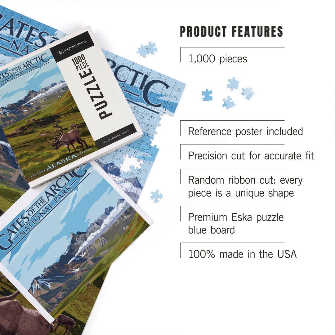 Gates of the Arctic National Park, Alaska, Caribou and Mountains, Jigsaw Puzzle Puzzle Lantern Press 