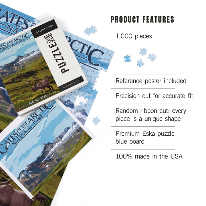 Gates of the Arctic National Park, Alaska, Caribou and Mountains, Jigsaw Puzzle Puzzle Lantern Press 
