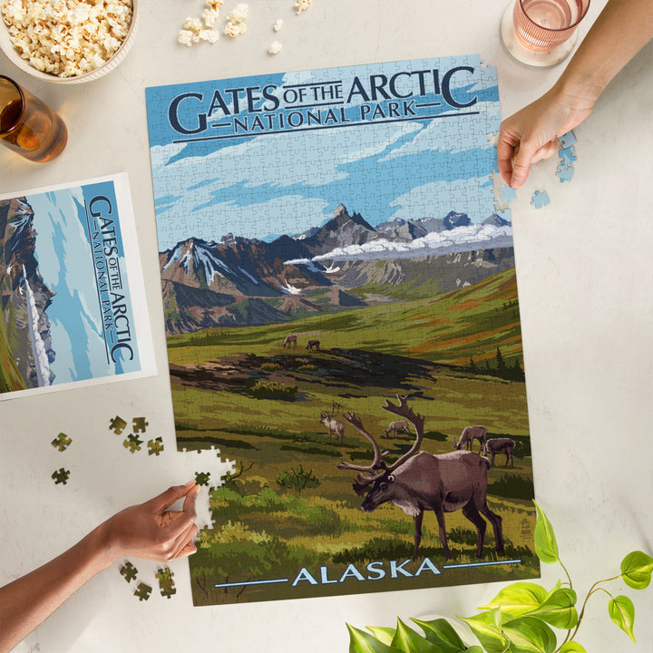 Gates of the Arctic National Park, Alaska, Caribou and Mountains, Jigsaw Puzzle Puzzle Lantern Press 