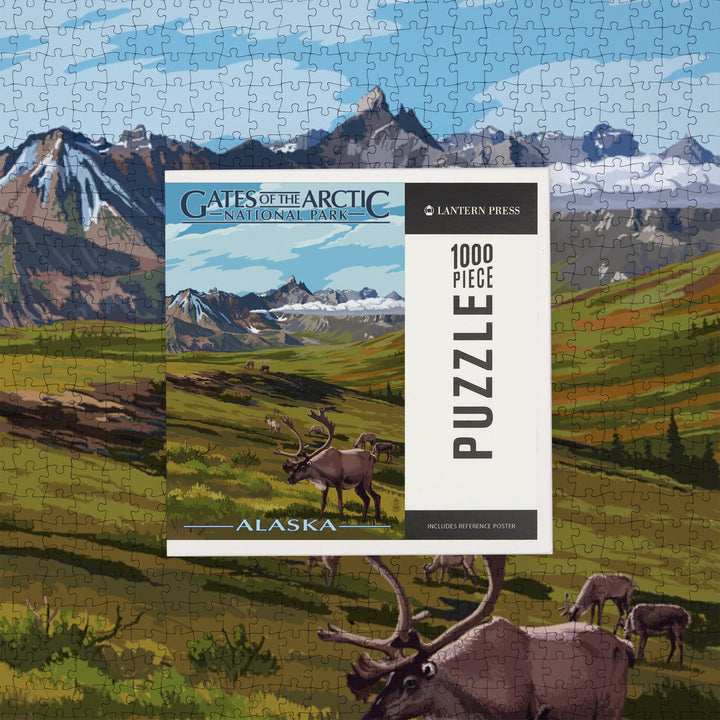 Gates of the Arctic National Park, Alaska, Caribou and Mountains, Jigsaw Puzzle Puzzle Lantern Press 