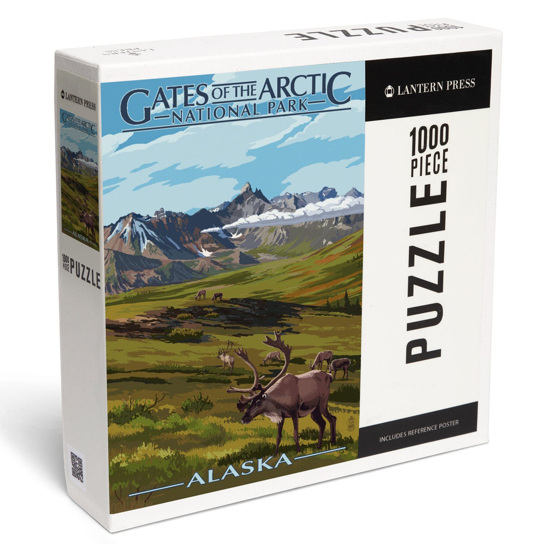 Gates of the Arctic National Park, Alaska, Caribou and Mountains, Jigsaw Puzzle Puzzle Lantern Press 