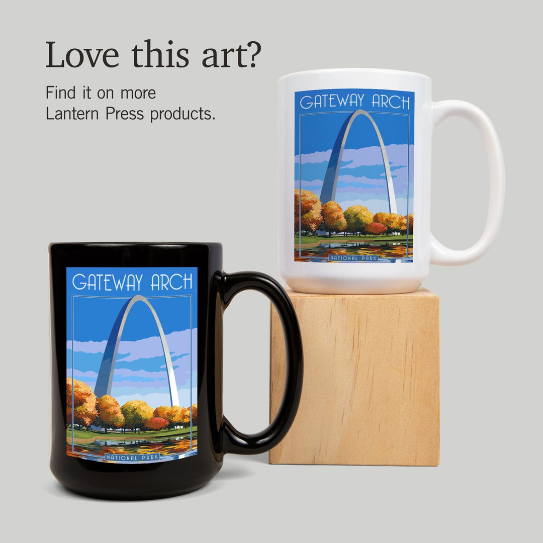 Gateway Arch National Park, Arch and Trees in Fall, Lantern Press Artwork, Ceramic Mug Mugs Lantern Press 