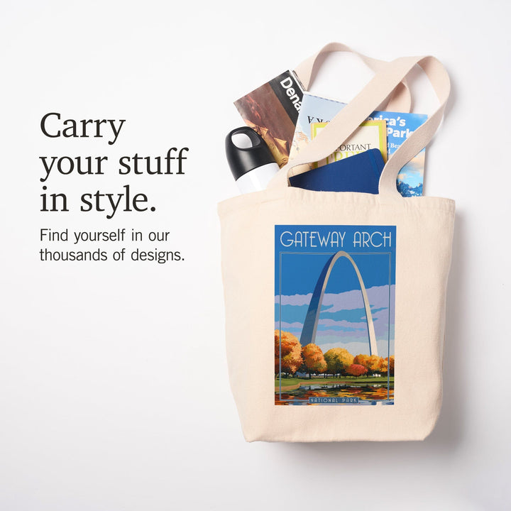 Gateway Arch National Park, Arch and Trees in Fall, Lantern Press Artwork, Tote Bag Totes Lantern Press 