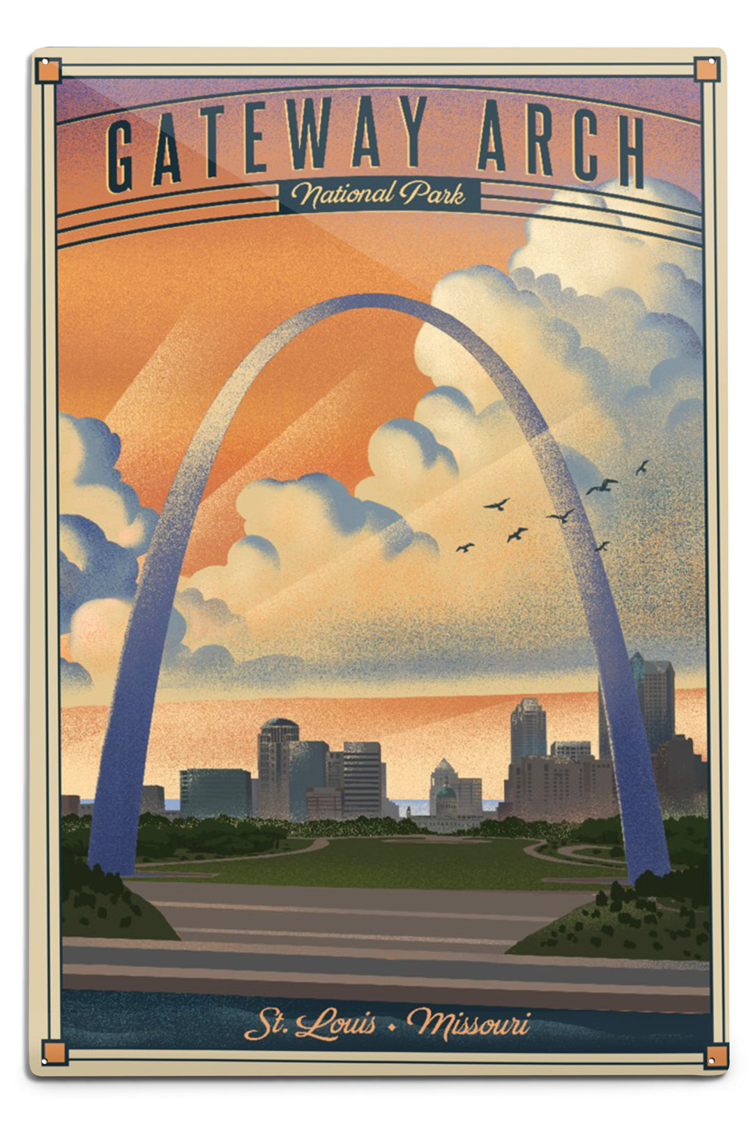 Gateway Arch National Park, Missouri, Lithograph National Park Series, Metal Signs Metal Lantern Press 12x18 Metal Sign 