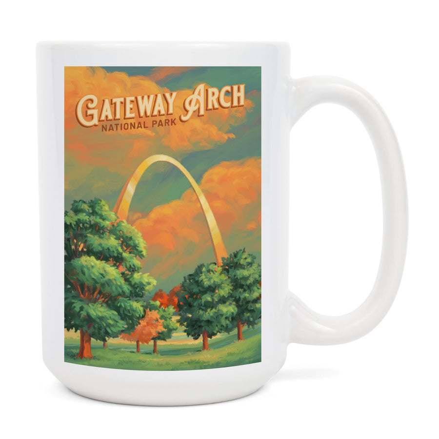 Gateway Arch National Park, Missouri, Oil Painting, Lantern Press Artwork, Ceramic Mug Mugs Lantern Press 