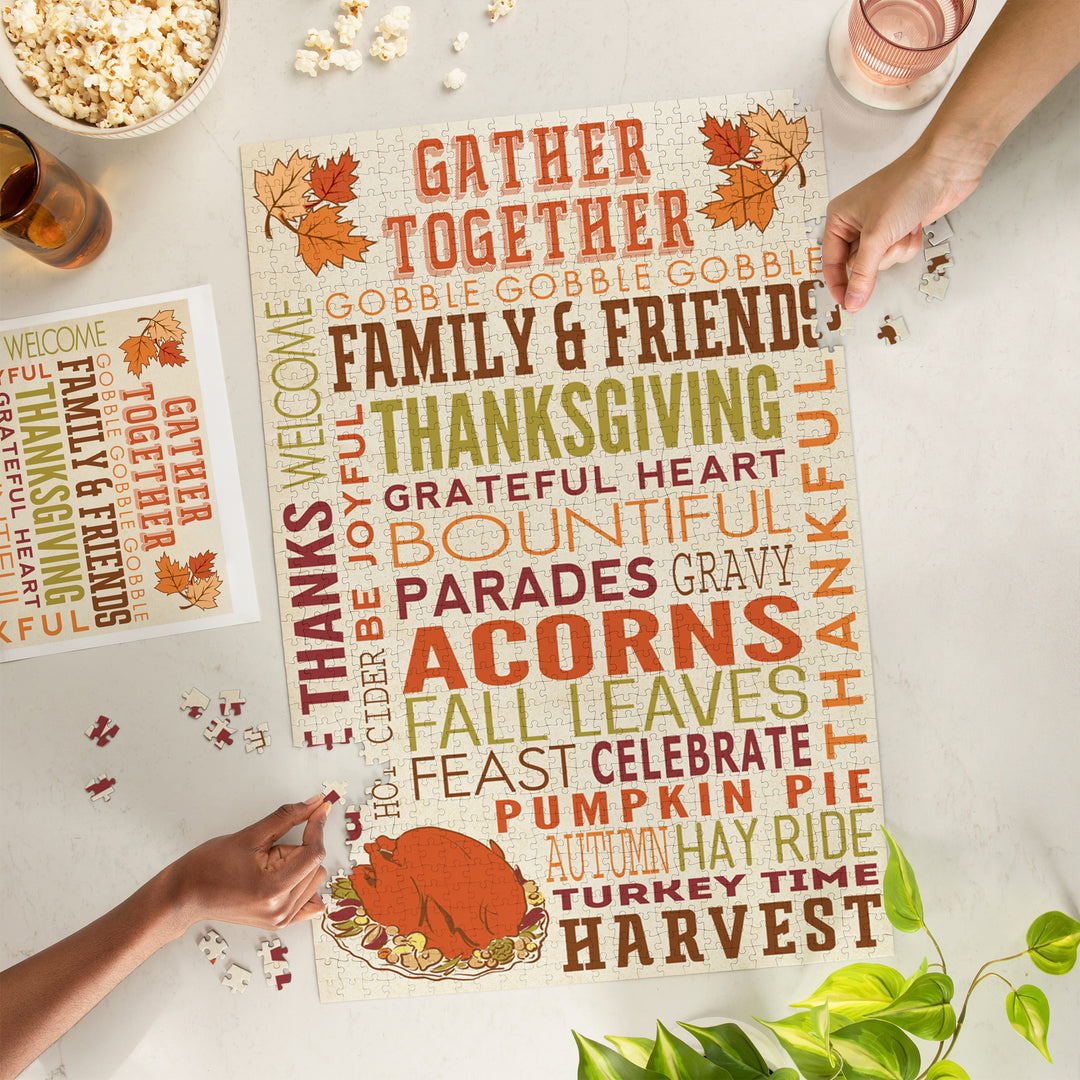 Gather Together, Thanksgiving Typography with Turkey, Jigsaw Puzzle Puzzle Lantern Press 
