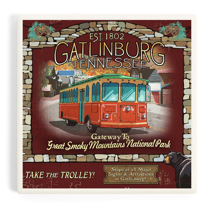 Gatlinburg, Tennessee, Trolley Vintage Sign, Coasters Coasters Lantern Press 