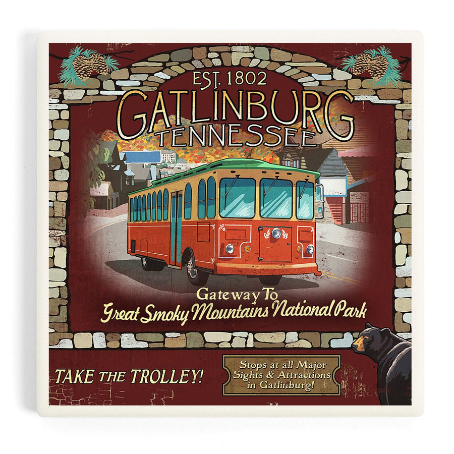Gatlinburg, Tennessee, Trolley Vintage Sign, Coasters Coasters Lantern Press 