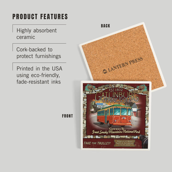 Gatlinburg, Tennessee, Trolley Vintage Sign, Coasters Coasters Lantern Press 