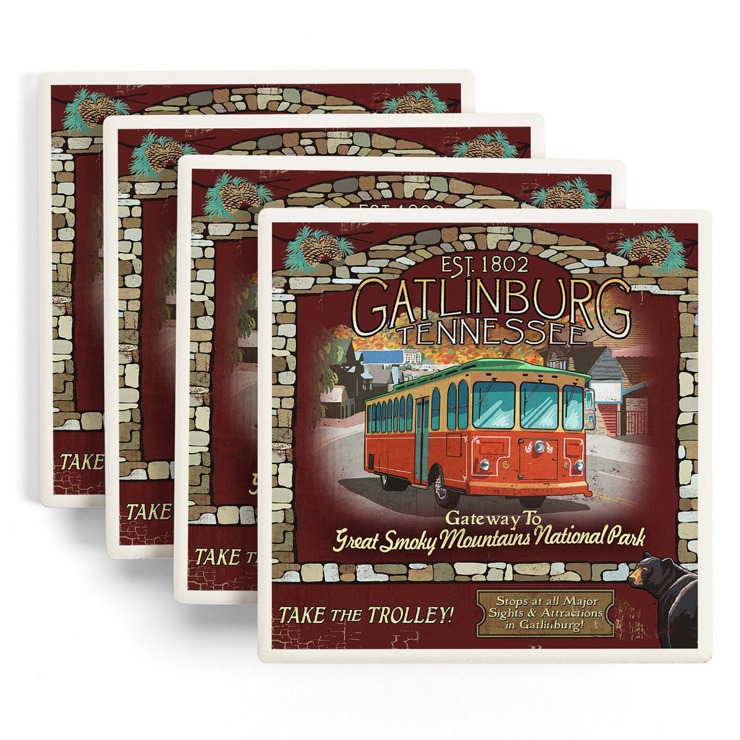 Gatlinburg, Tennessee, Trolley Vintage Sign, Coasters Coasters Lantern Press 
