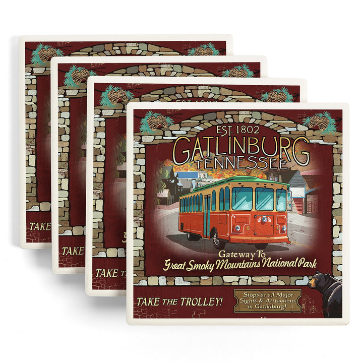 Gatlinburg, Tennessee, Trolley Vintage Sign, Coasters Coasters Lantern Press 