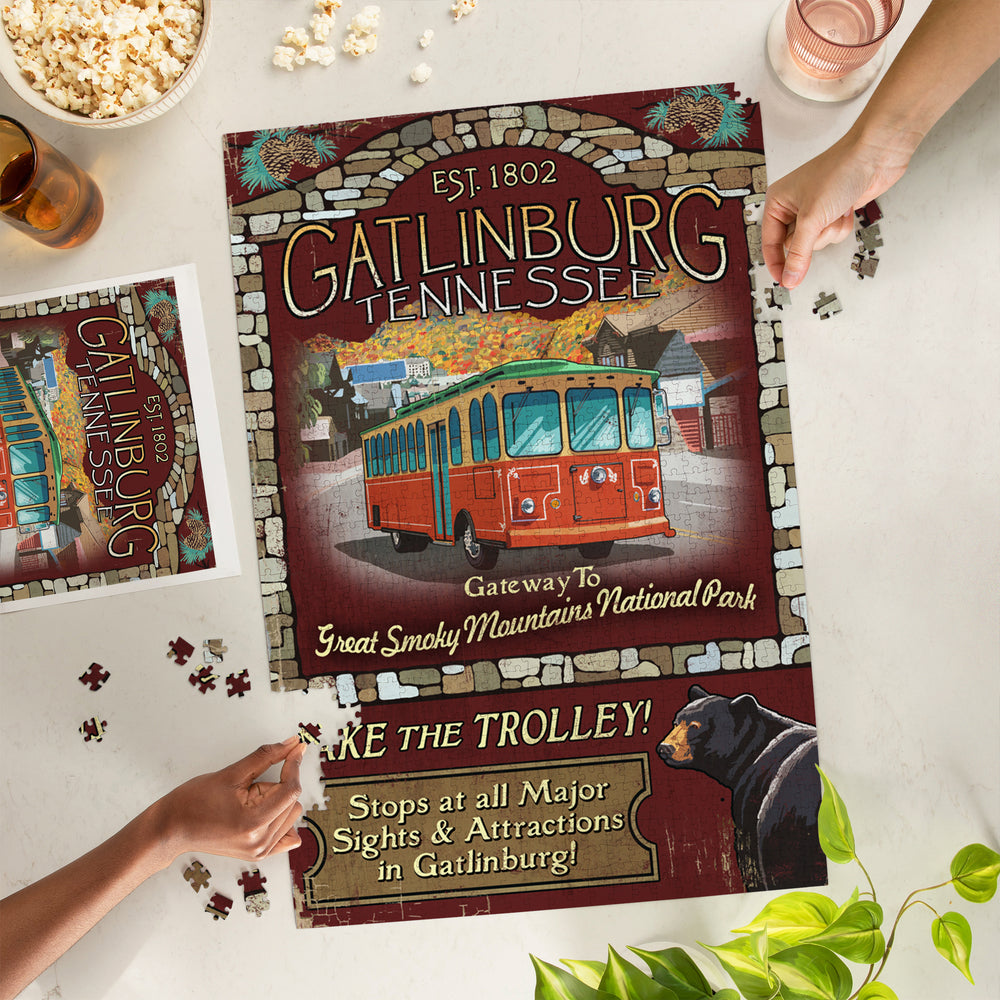 Gatlinburg, Tennessee, Trolley Vintage Sign, Jigsaw Puzzle Puzzle Lantern Press 