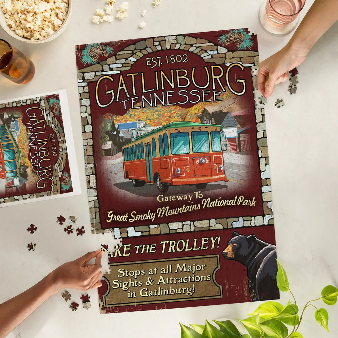 Gatlinburg, Tennessee, Trolley Vintage Sign, Jigsaw Puzzle Puzzle Lantern Press 