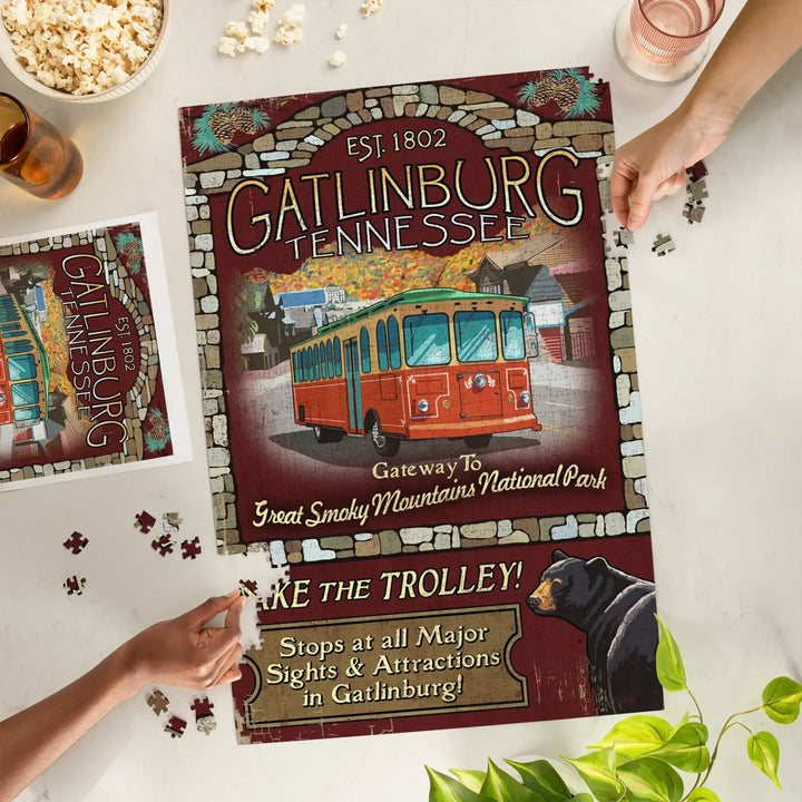 Gatlinburg, Tennessee, Trolley Vintage Sign, Jigsaw Puzzle Puzzle Lantern Press 