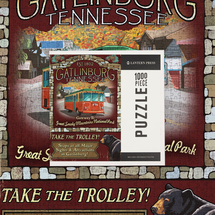 Gatlinburg, Tennessee, Trolley Vintage Sign, Jigsaw Puzzle Puzzle Lantern Press 
