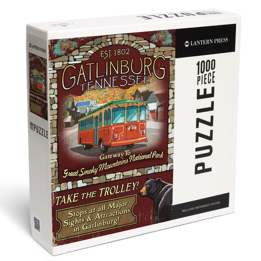 Gatlinburg, Tennessee, Trolley Vintage Sign, Jigsaw Puzzle Puzzle Lantern Press 