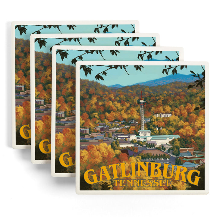 Gatlinburg, Tennesseee, Town Scene, Lantern Press Artwork, Coaster Set - Lantern Press