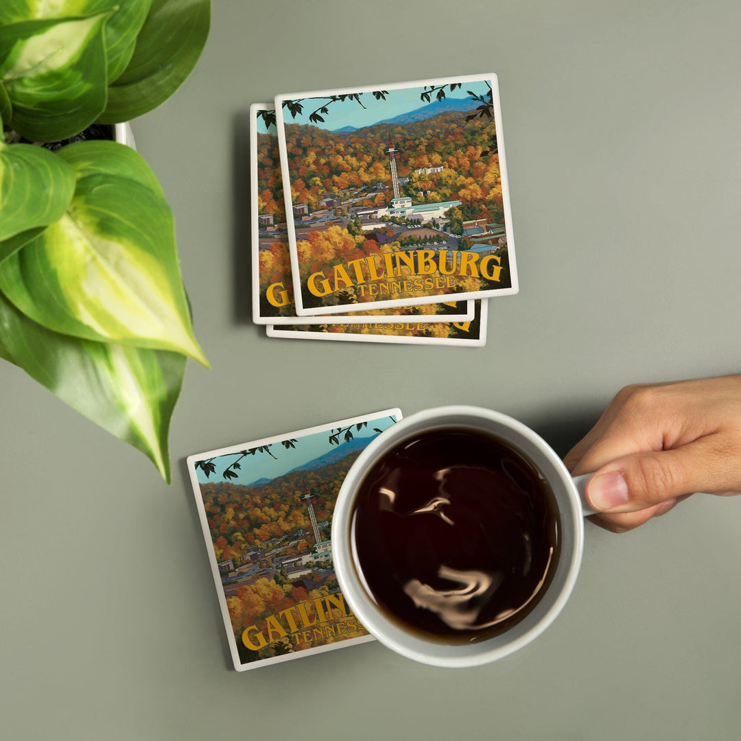 Gatlinburg, Tennesseee, Town Scene, Lantern Press Artwork, Coaster Set - Lantern Press