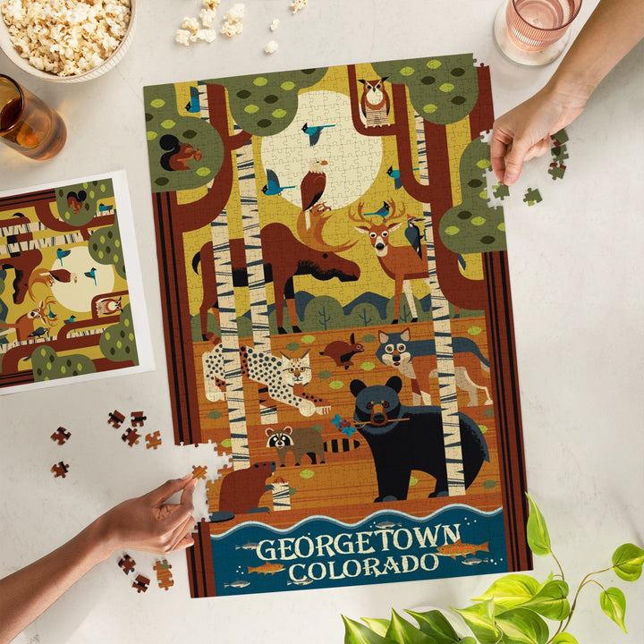 Georgetown, Colorado, Forest Animals, Geometric, Jigsaw Puzzle Puzzle Lantern Press 