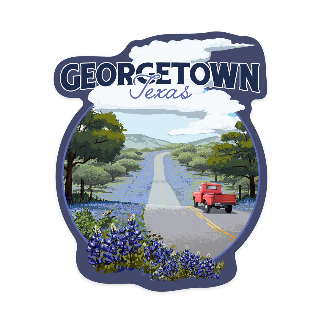 Georgetown, Texas, Bluebonnets and Highway, Badge, Contour, Vinyl Sticker - Lantern Press