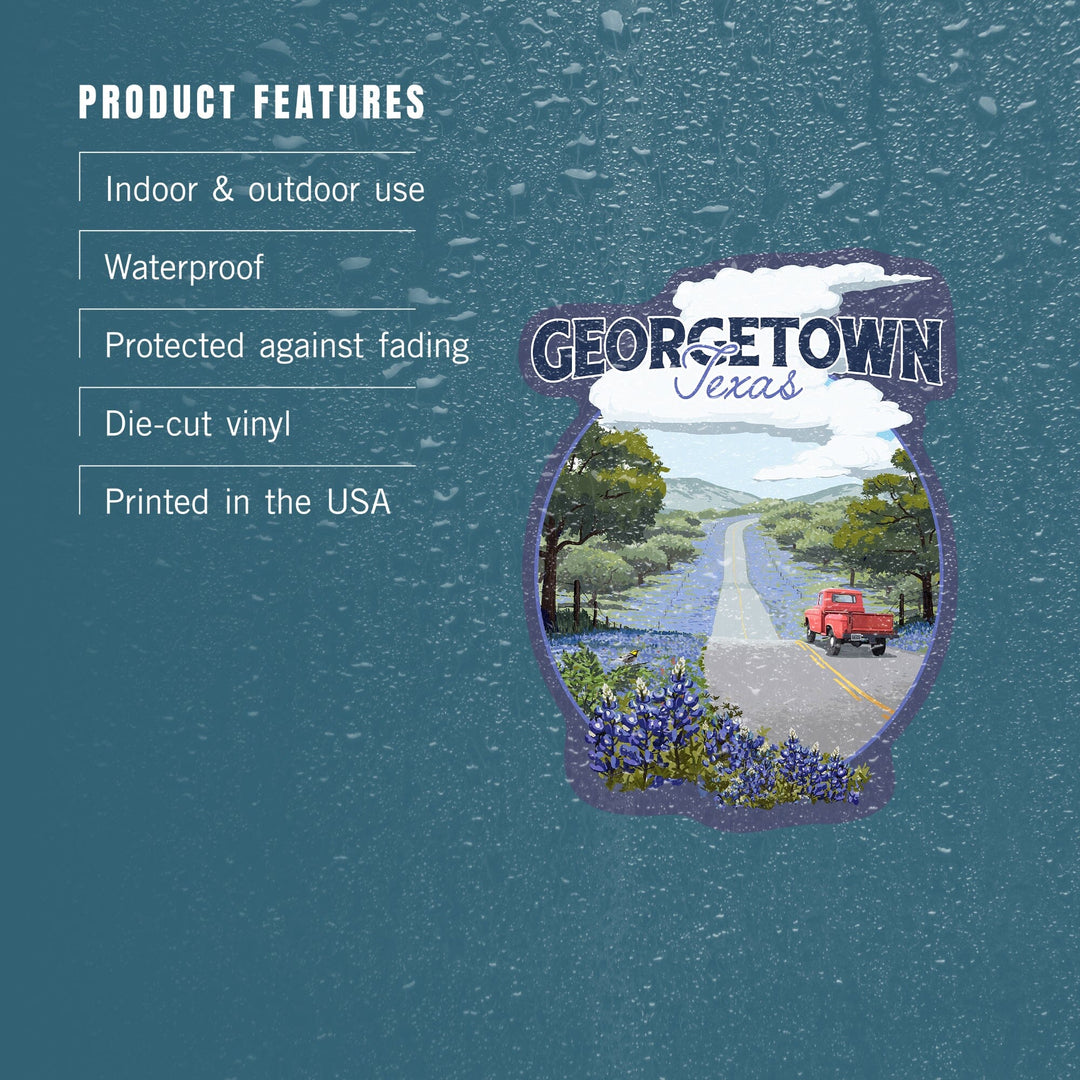 Georgetown, Texas, Bluebonnets and Highway, Badge, Contour, Vinyl Sticker - Lantern Press