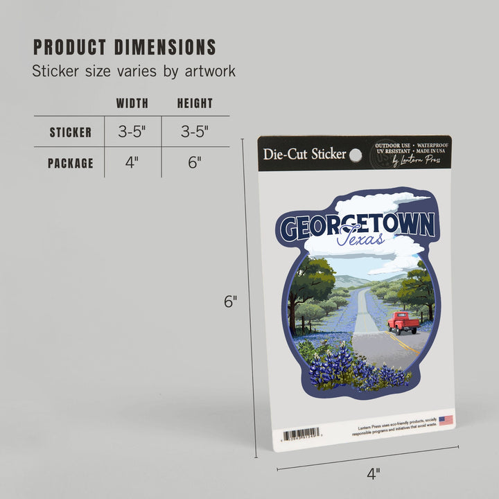 Georgetown, Texas, Bluebonnets and Highway, Badge, Contour, Vinyl Sticker - Lantern Press