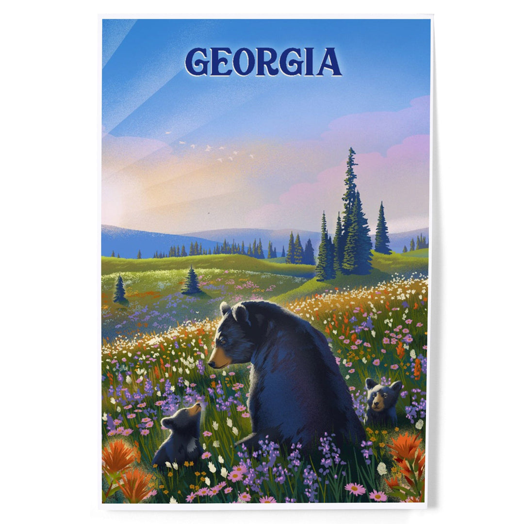 Georgia, Lithograph, Bear Family in Field, Art & Giclee Prints Art Lantern Press 12 x 18 Art Print 
