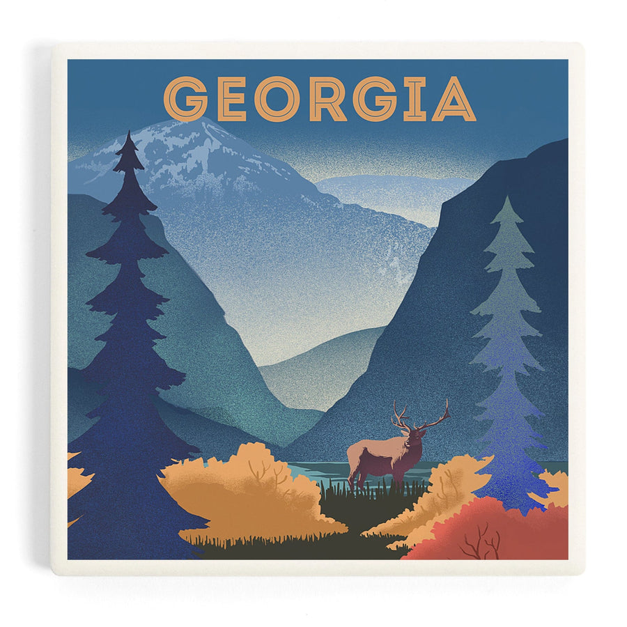 Georgia, Lithograph, Elk and Mountains Scene, Coasters Coasters Lantern Press 