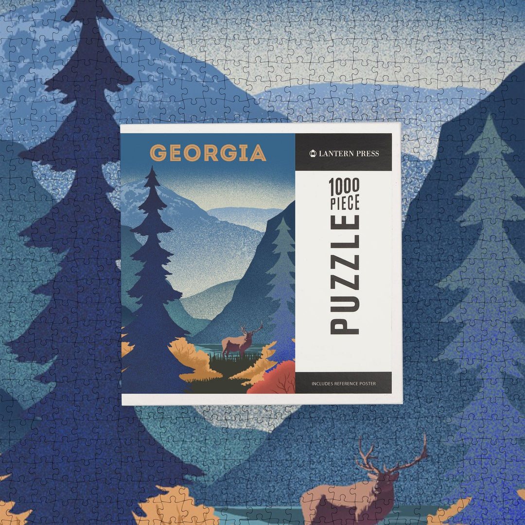 Georgia, Lithograph, Elk and Mountains Scene, Jigsaw Puzzle Puzzle Lantern Press 