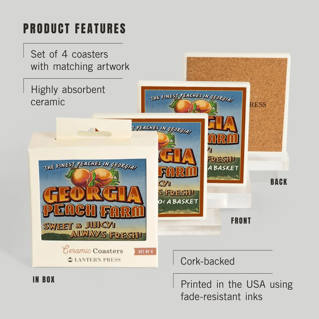 Georgia, Peach Farm Vintage Sign, Coasters Coasters Lantern Press 