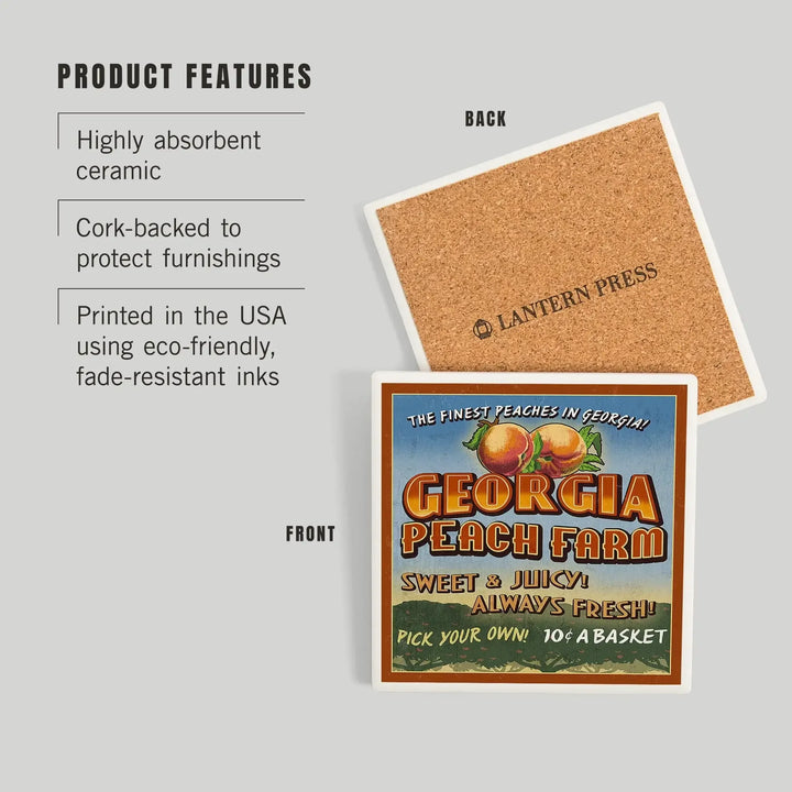 Georgia, Peach Farm Vintage Sign, Coasters Coasters Lantern Press 