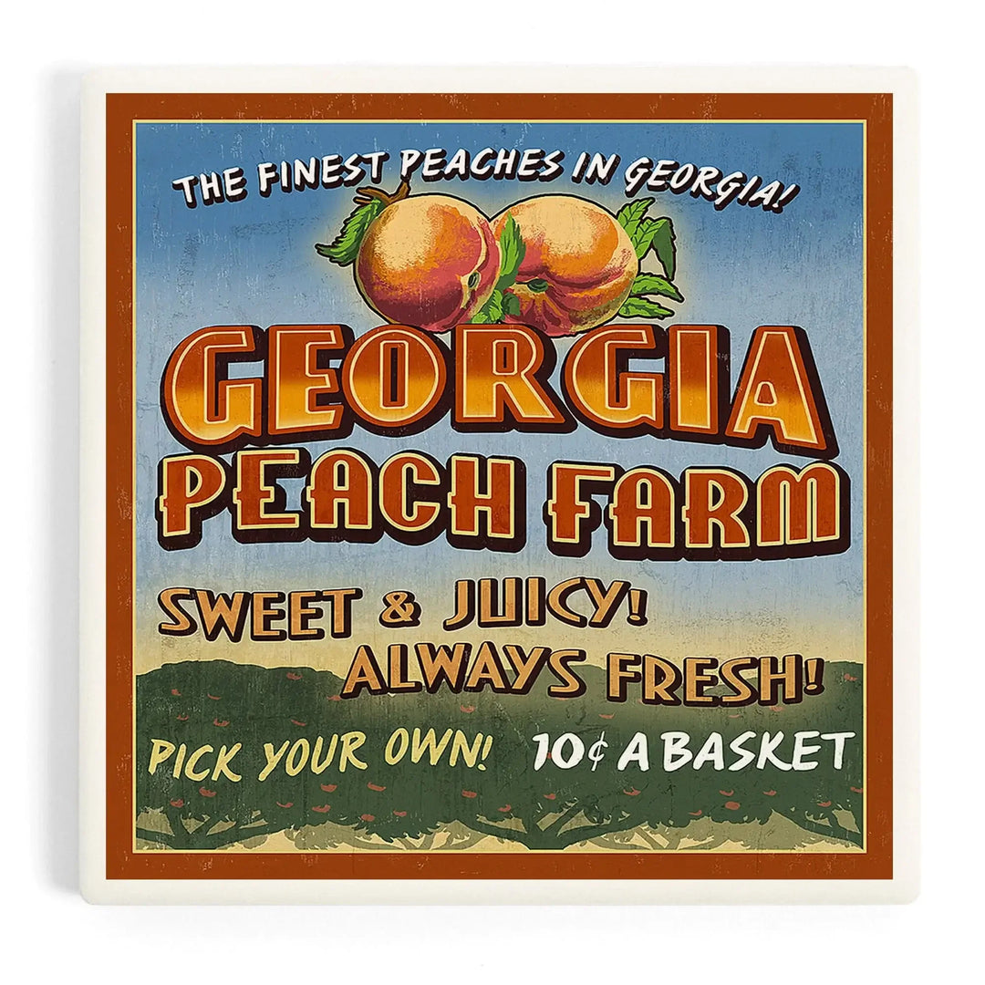 Georgia, Peach Farm Vintage Sign, Coasters Coasters Lantern Press Coaster 