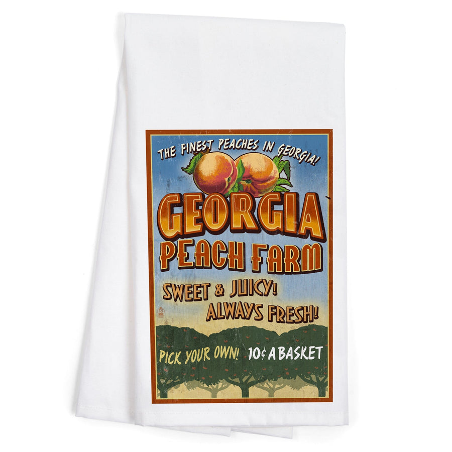 Georgia, Peach Farm Vintage Sign, Organic Cotton Kitchen Tea Towels Kitchen Lantern Press 