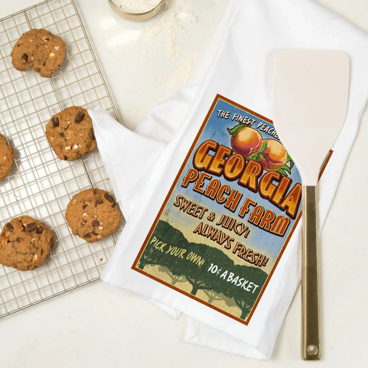 Georgia, Peach Farm Vintage Sign, Organic Cotton Kitchen Tea Towels Kitchen Lantern Press 