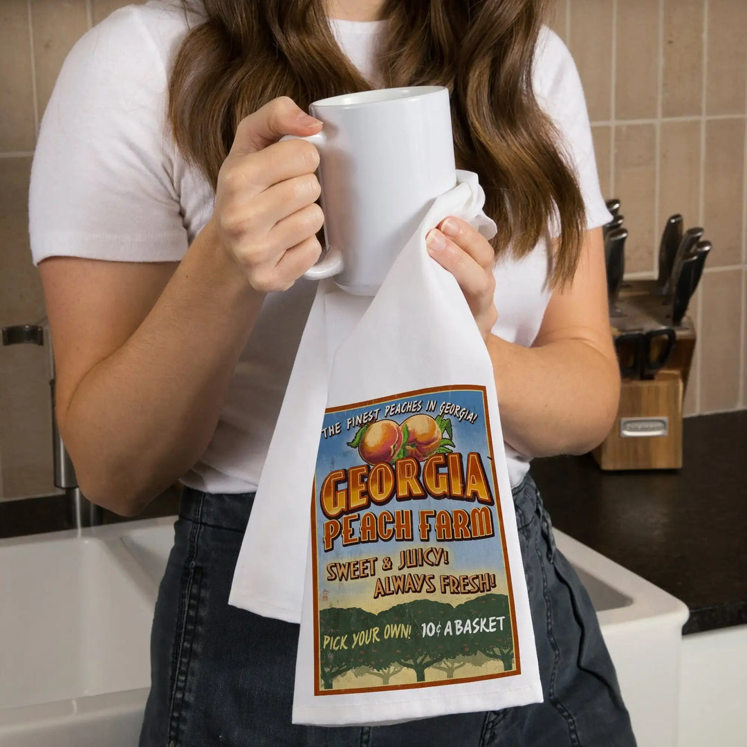 Georgia, Peach Farm Vintage Sign, Organic Cotton Kitchen Tea Towels Kitchen Lantern Press 