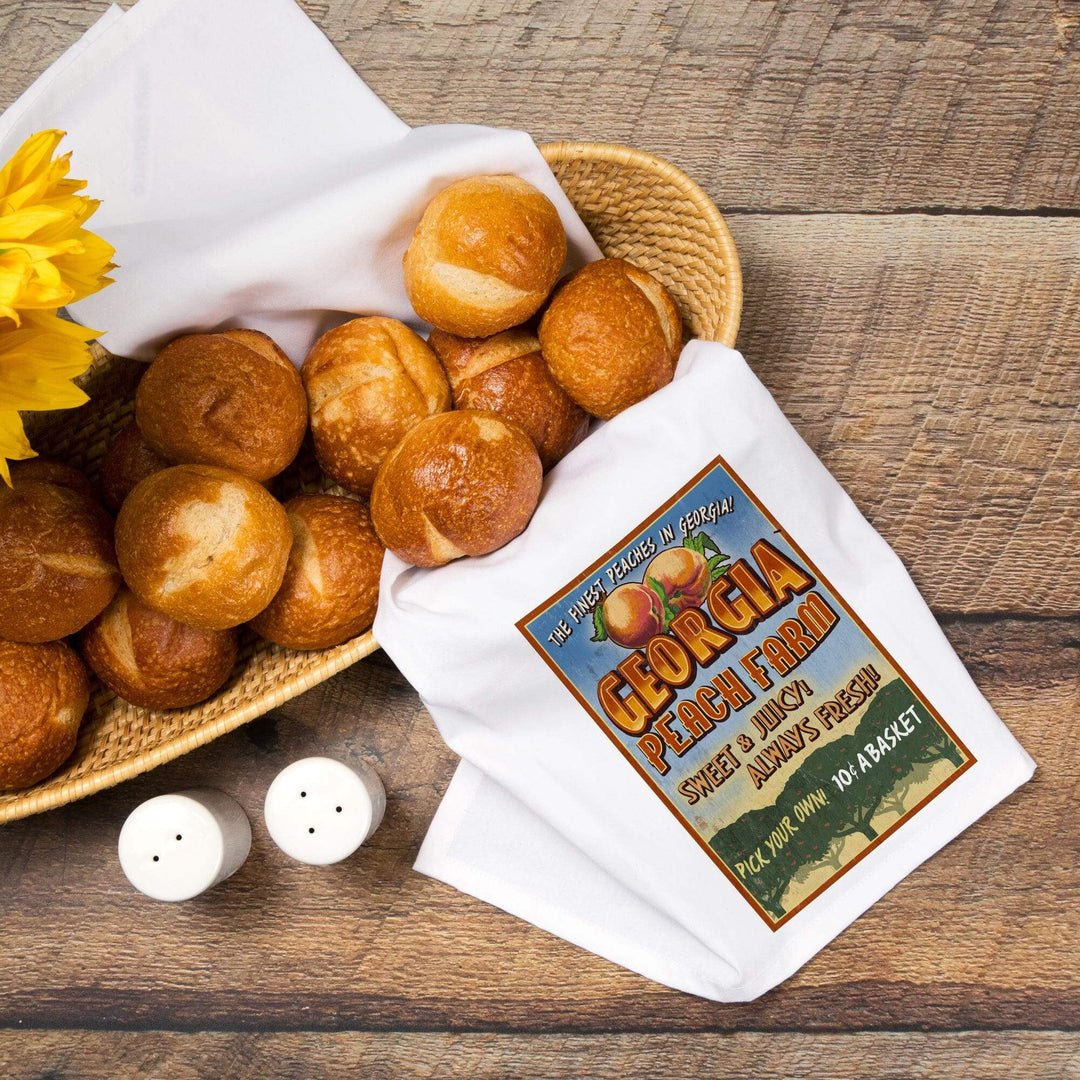 Georgia, Peach Farm Vintage Sign, Organic Cotton Kitchen Tea Towels Kitchen Lantern Press 