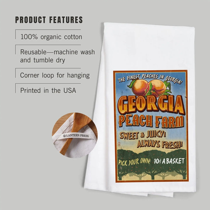 Georgia, Peach Farm Vintage Sign, Organic Cotton Kitchen Tea Towels Kitchen Lantern Press 