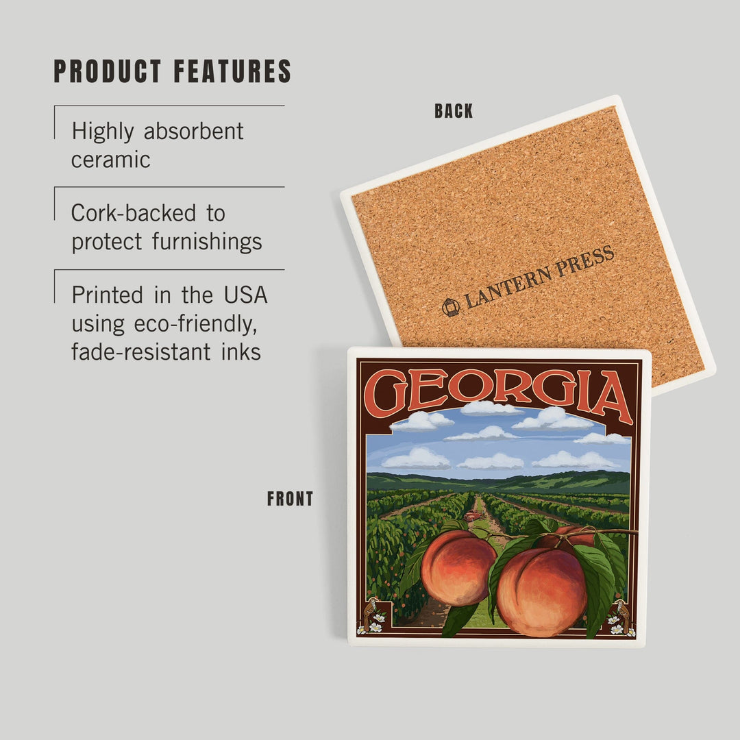 Georgia, Peach Orchard Scene, Coasters Coasters Lantern Press 