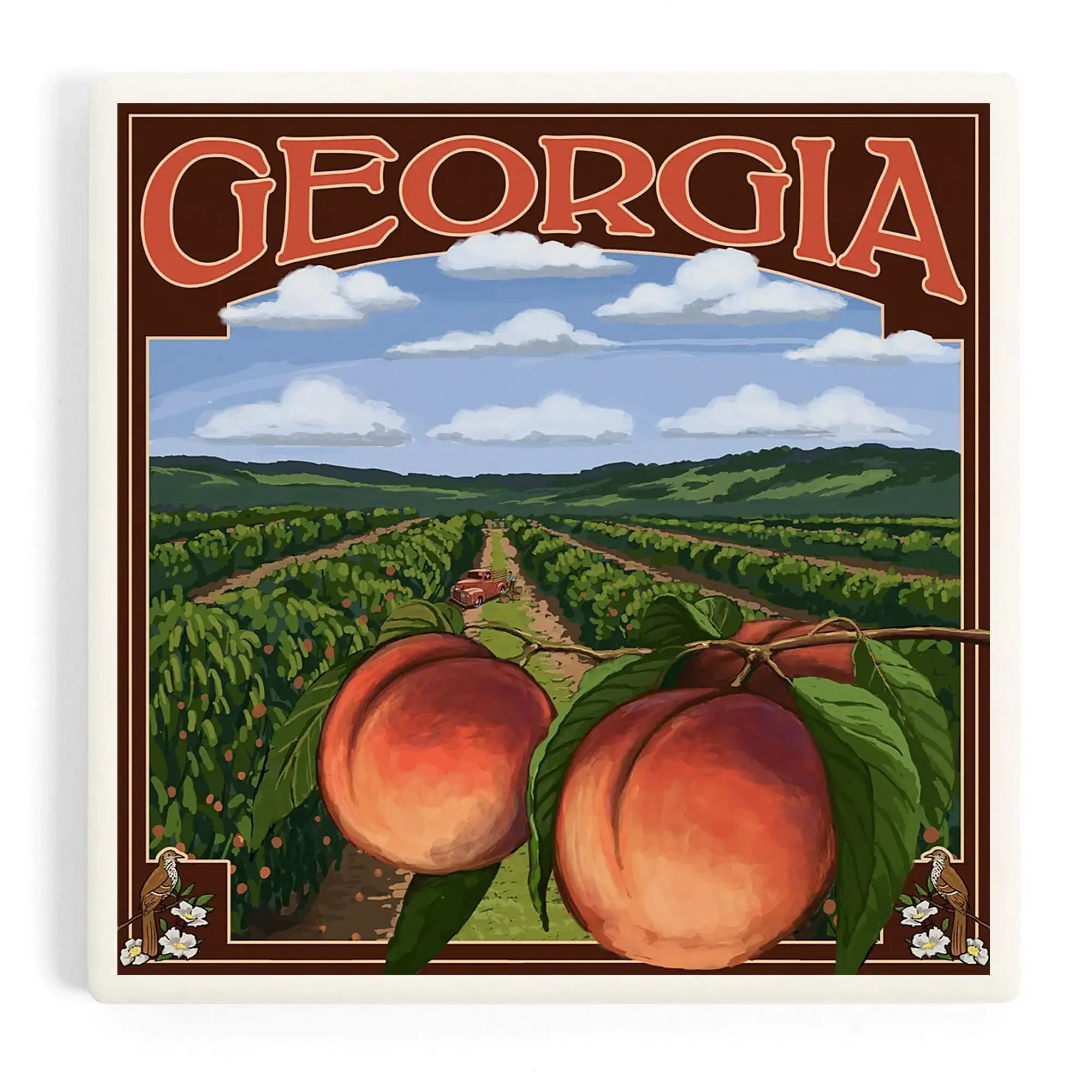 Georgia, Peach Orchard Scene ceramic coaster set – Lantern Press