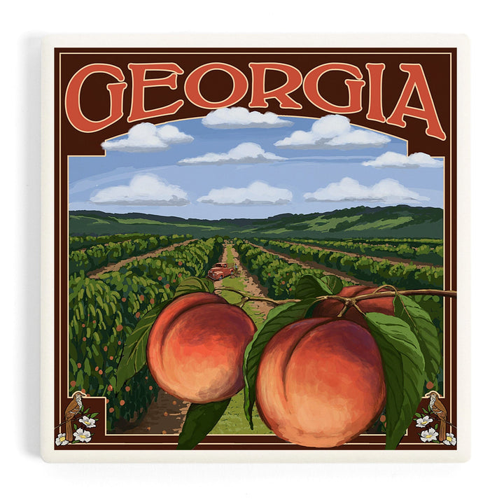 Georgia, Peach Orchard Scene, Coasters Coasters Lantern Press 