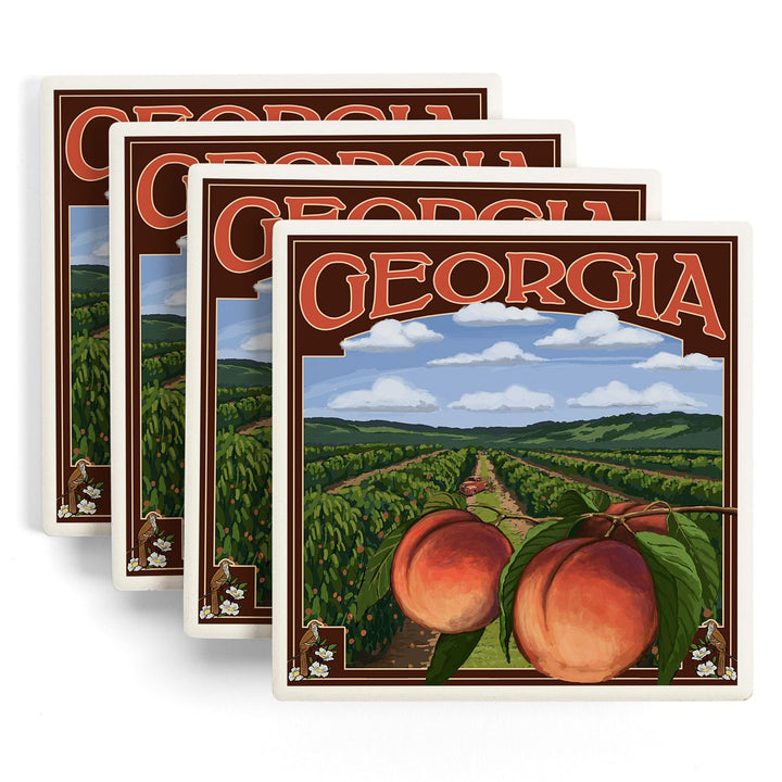 Georgia, Peach Orchard Scene, Coasters Coasters Lantern Press 