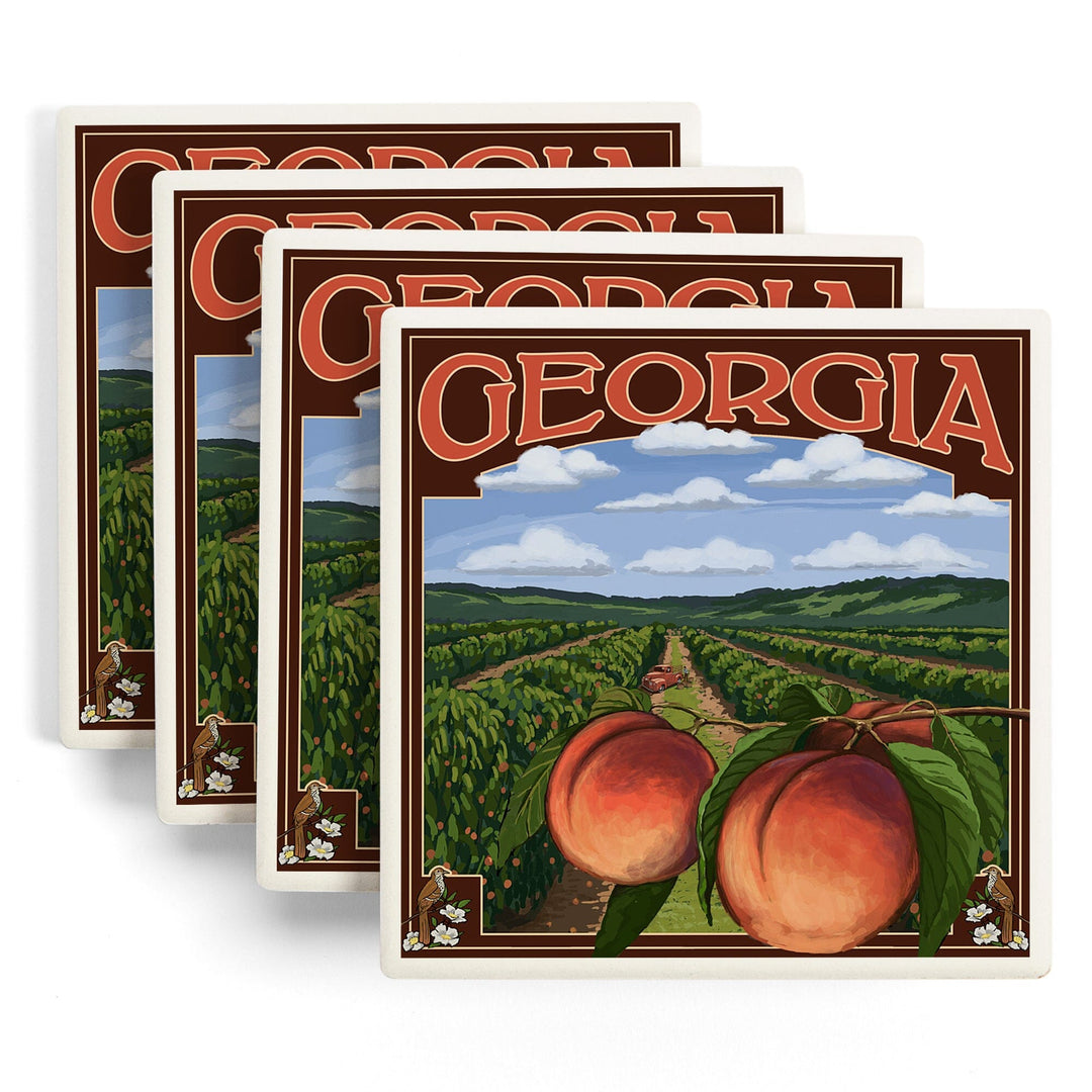 Georgia, Peach Orchard Scene, Lantern Press Artwork, Coaster Set - Lantern Press